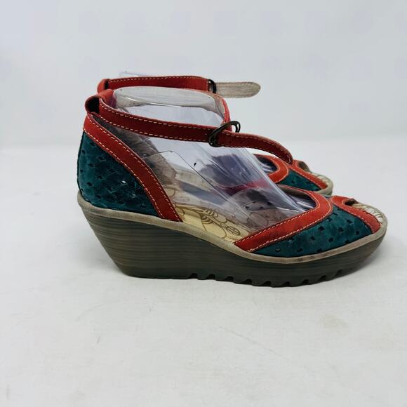 Fly London Ydel Teal and Red Leather Wedge Sandals Size 39 - Picture 5 of 13